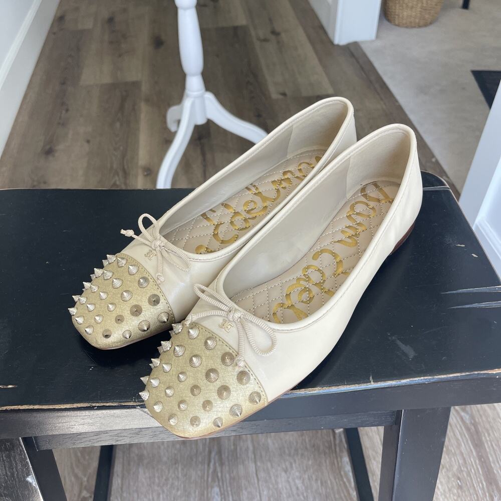 Sam Edelman Monet Ballet Flats SZ 10.5 Tan Gold Studded Summer Sand Nude Bow Log - Picture 4 of 12